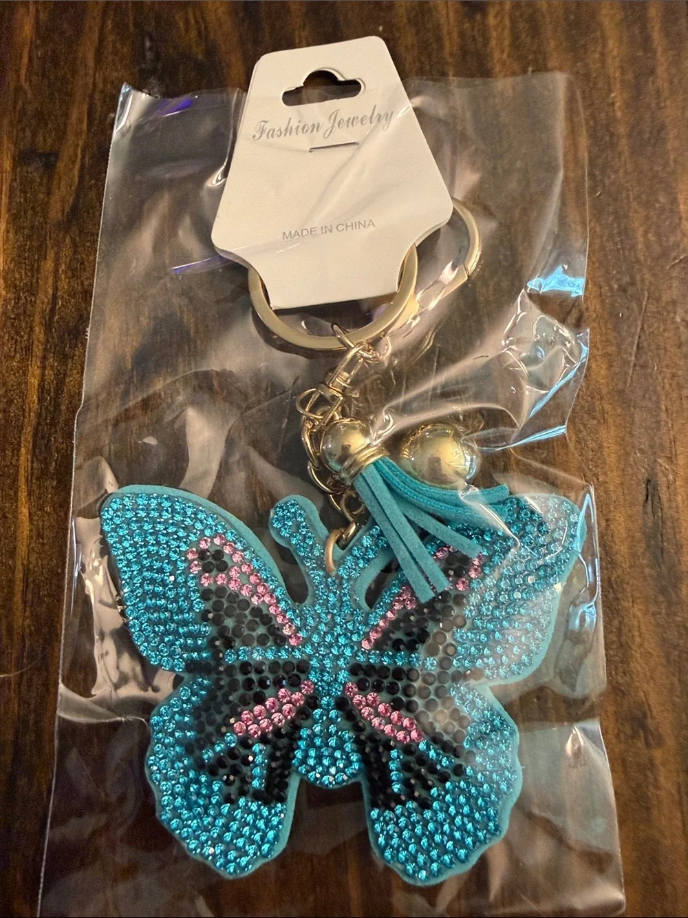 Fashion Jewelry Teal Butterfly Keychain Charm w/Pink & Black Accents